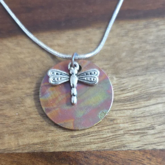 Flame Painted Dragonfly Necklace and Earring Set on a 20" chain - Picture 6 of 8